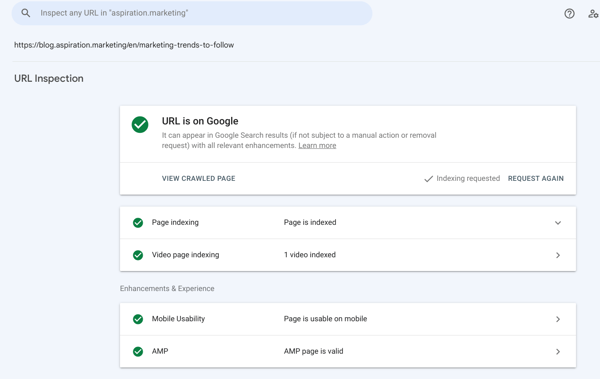 URL Inspection in Google Search Console